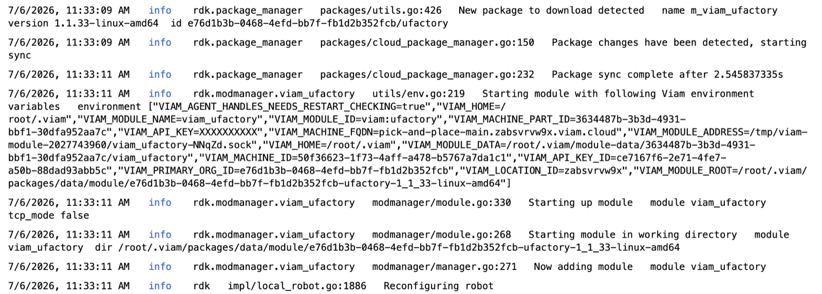 The Logs tab showing the viam:ufactory module downloading and starting.